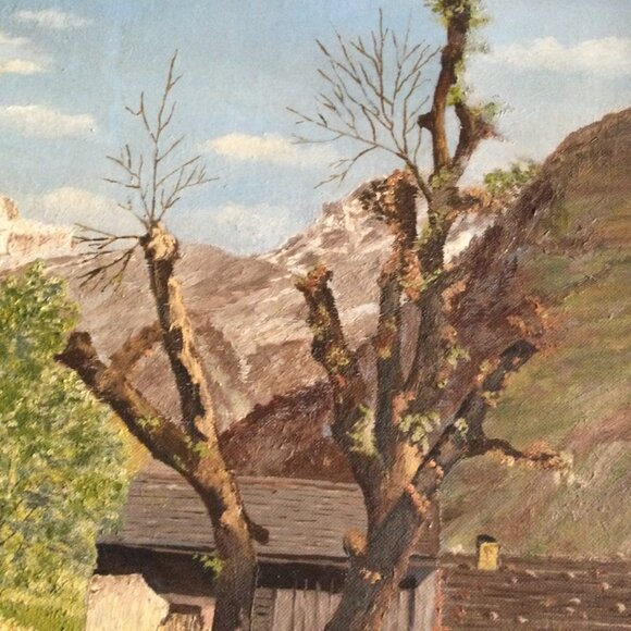 Vintage oil Painting on board old village mountain landscape wall hanging framed - Picture 7 of 12